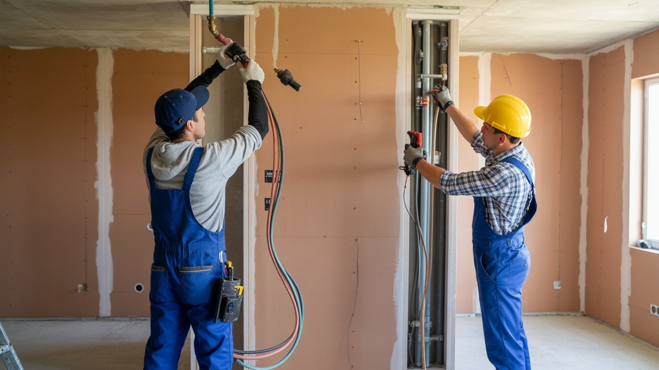 Plumbing pipes and electrical wiring being installed inside a new home.