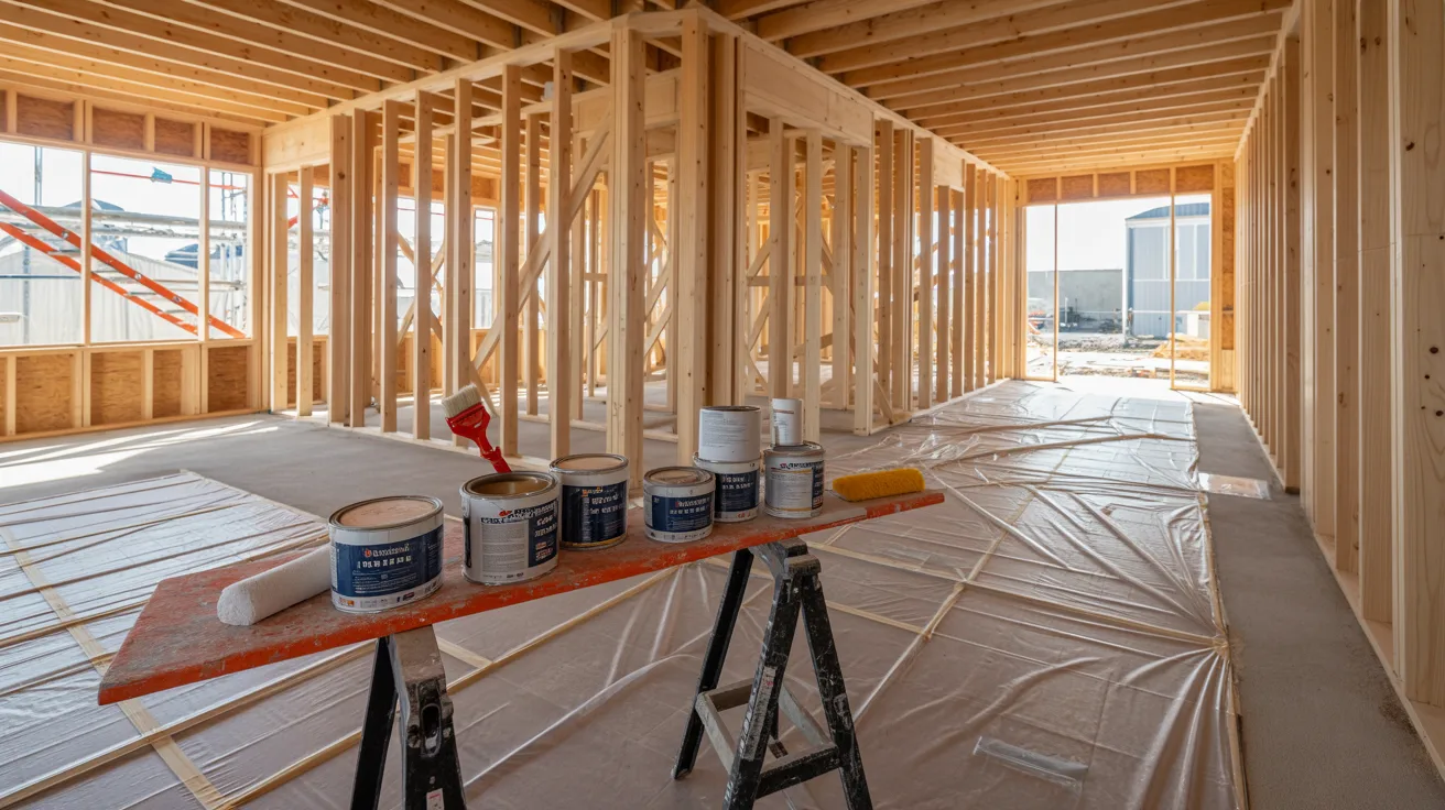 Interior of a house under construction with exposed wooden framing, unfinished walls and ceiling beams, protective floor covering, and painting supplies placed on a workbench in the foreground.