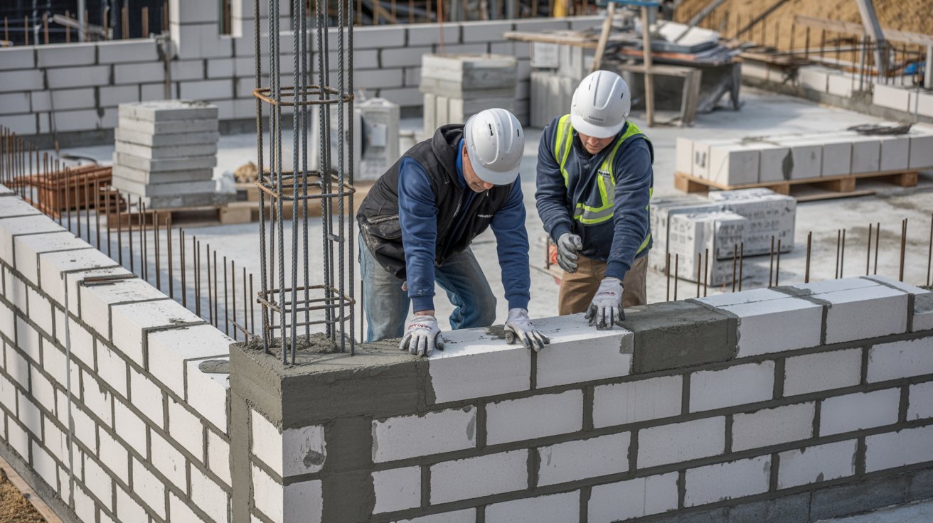 Workers building a CBS structure using concrete blocks and mortar.