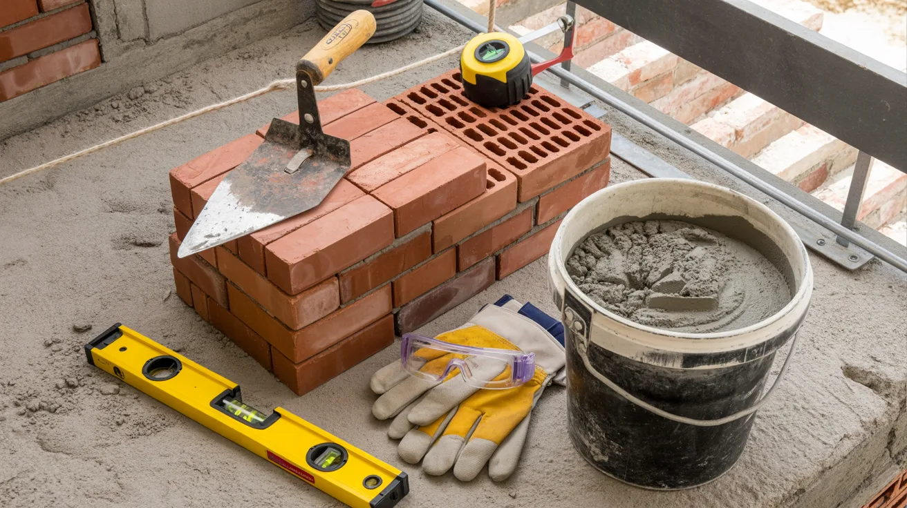 Bricklaying tools, mortar mix, clay bricks, and safety gear arranged on a construction site.