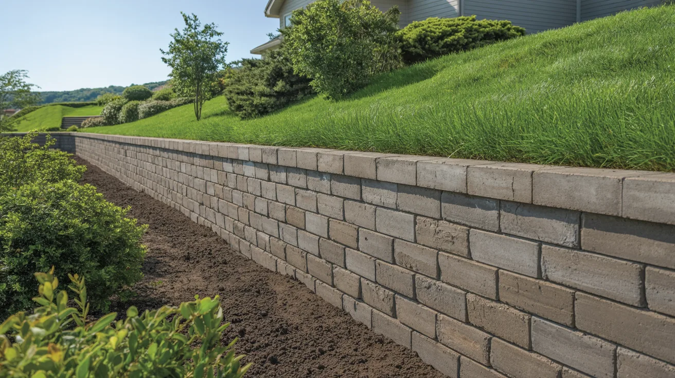 CMU retaining wall holding back soil on a sloped property in an outdoor landscape
