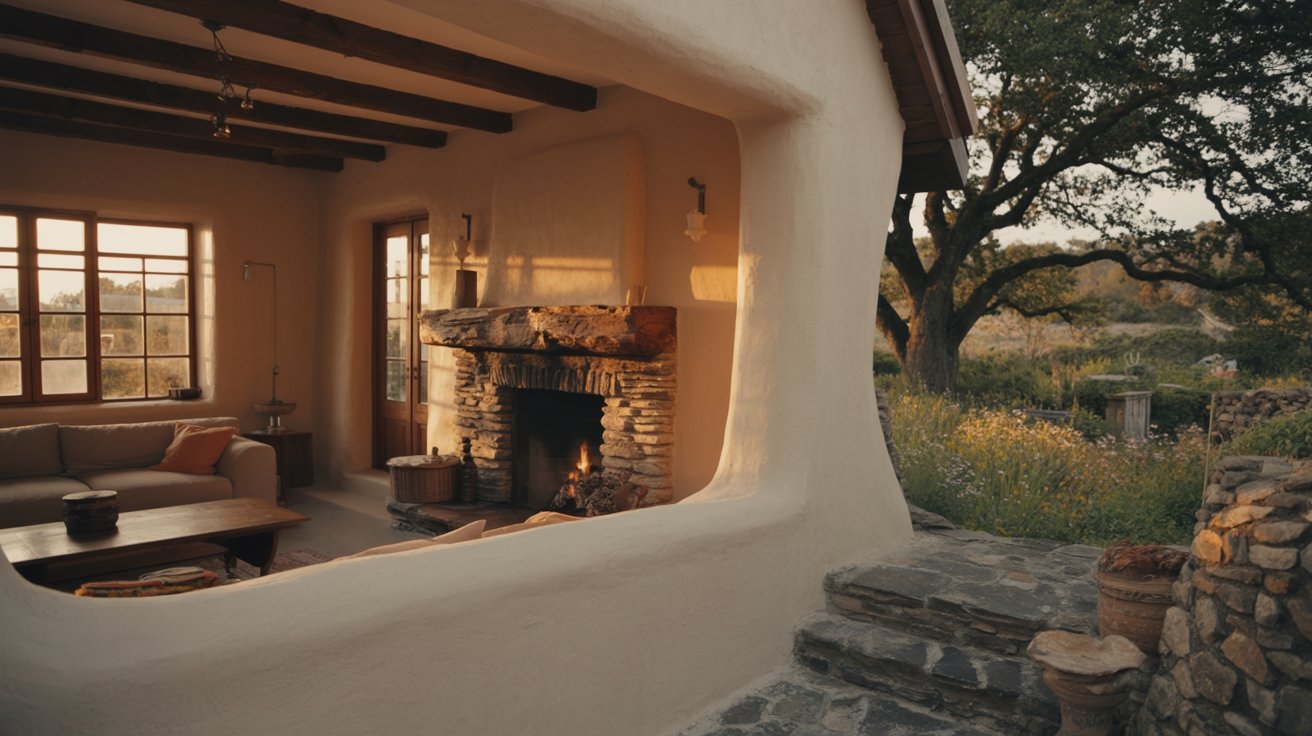 Finished interior and exterior of a stone house.