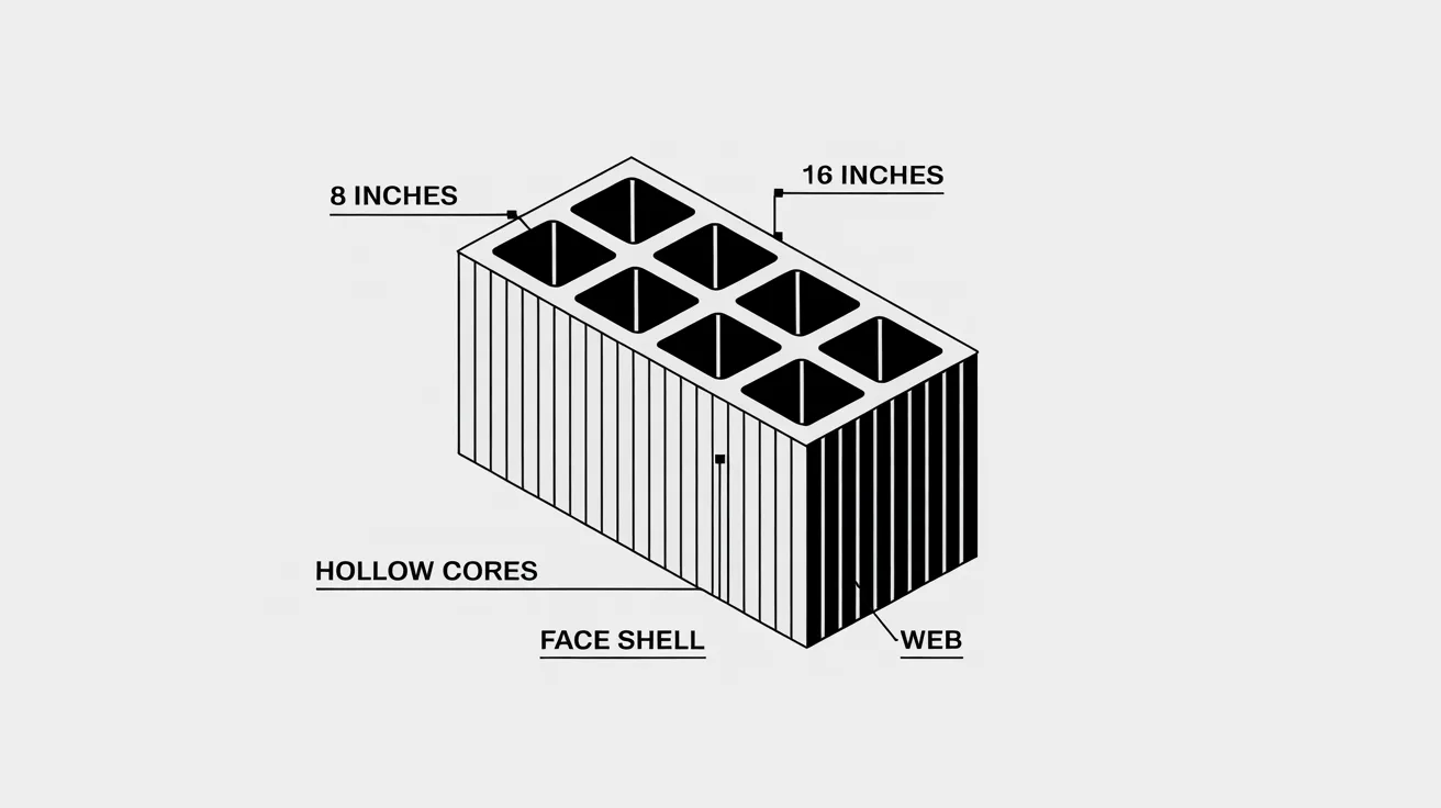 Labeled diagram of a standard CMU concrete masonry unit block with dimensions