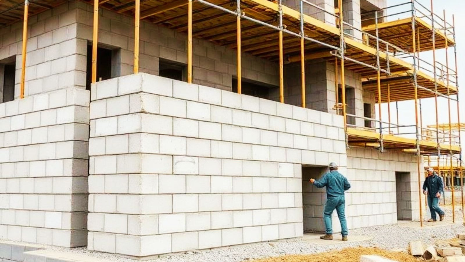 Modern CBS construction site with reinforced concrete block walls under construction.