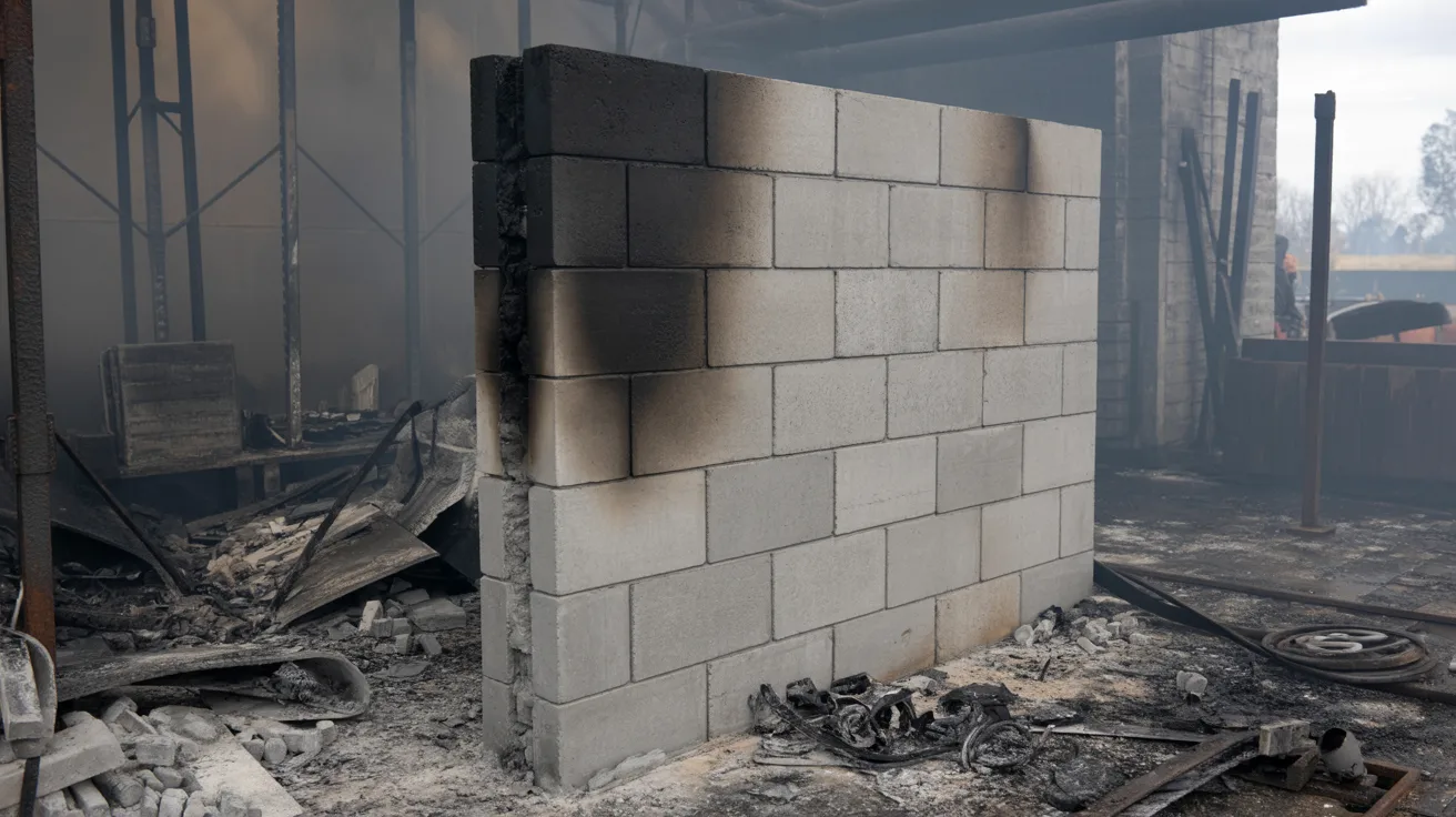 CMU wall standing undamaged after fire showing fire resistance