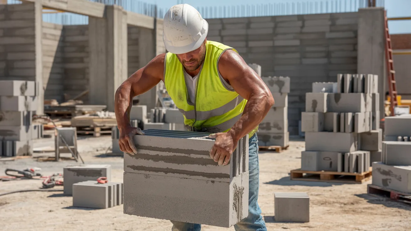 Construction worker lifting a heavy CMU block showing the weight challenge on site
