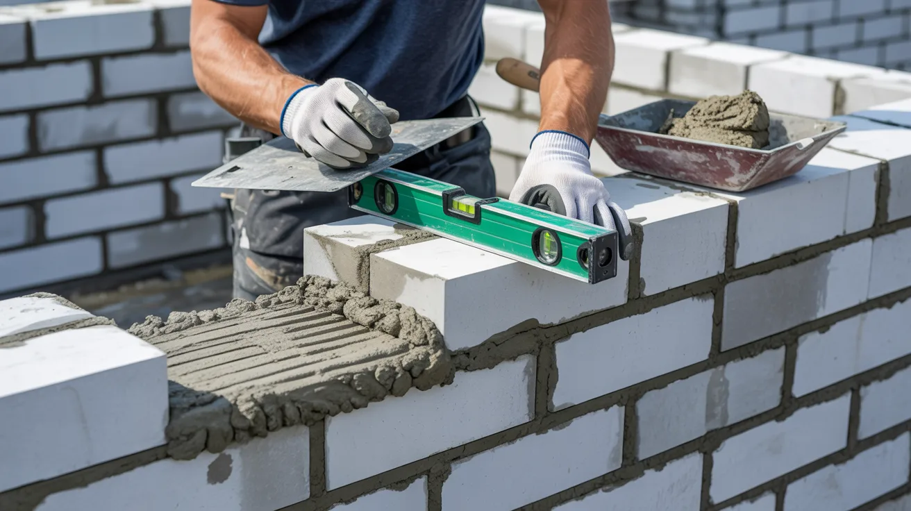 Mason using a spirit level to install and align CMU blocks during wall construction