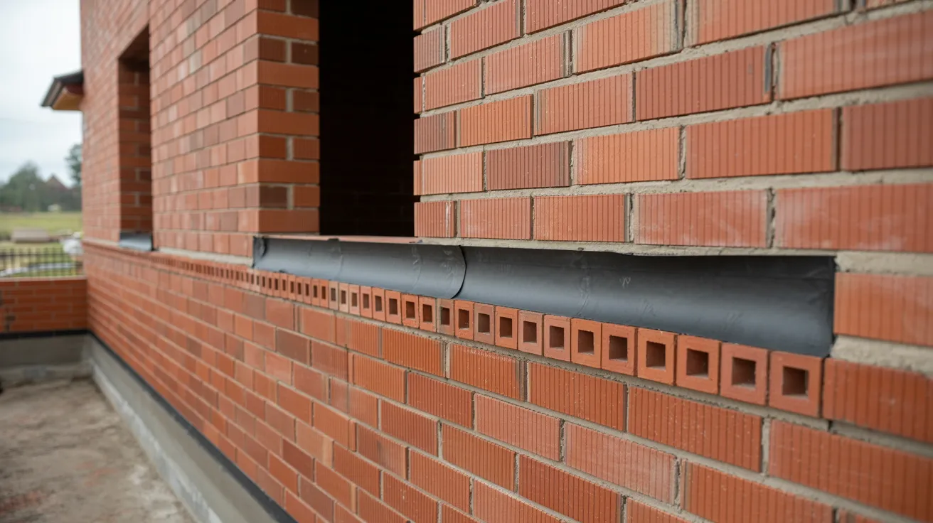Weep holes and damp-proof course installed in an exterior brick wall.
