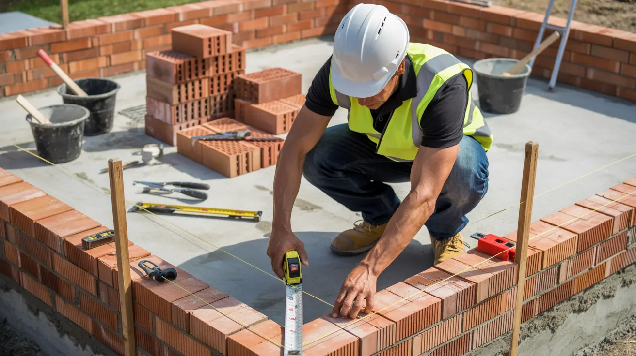 Construction worker measuring and marking brick wall layout with string lines and stakes on a building site.