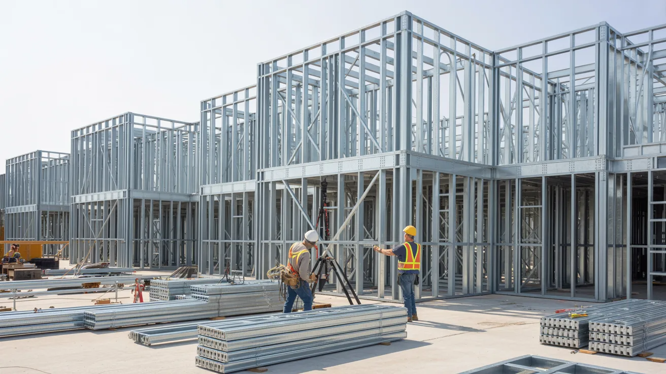 Workers assembling light gauge steel framing on a modern construction site
