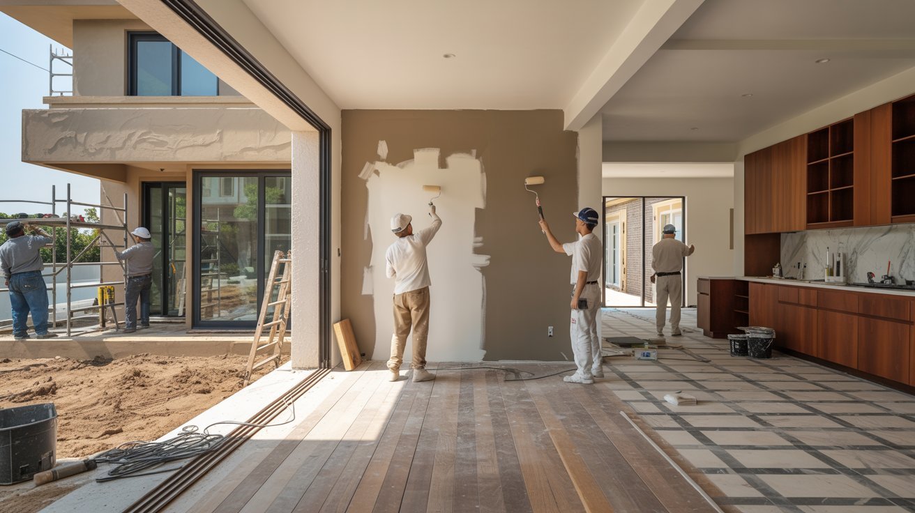 Interior and exterior finishing work being completed in a newly built home.
