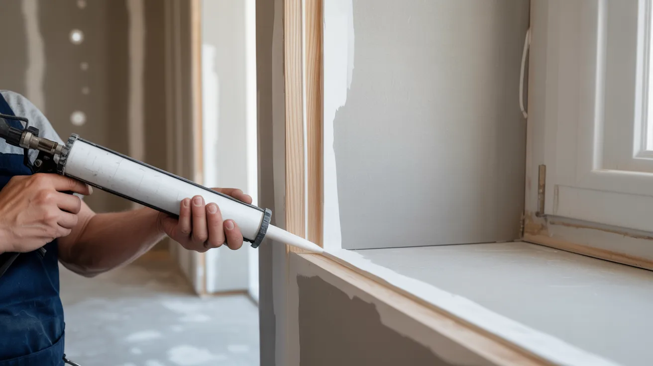 Worker caulking gaps around a door frame in a new construction home before painting begins