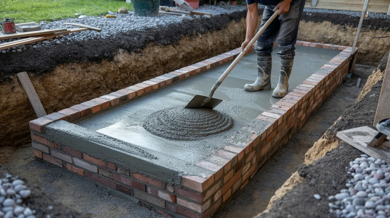 Concrete foundation trench prepared for brick wall construction at a residential site.