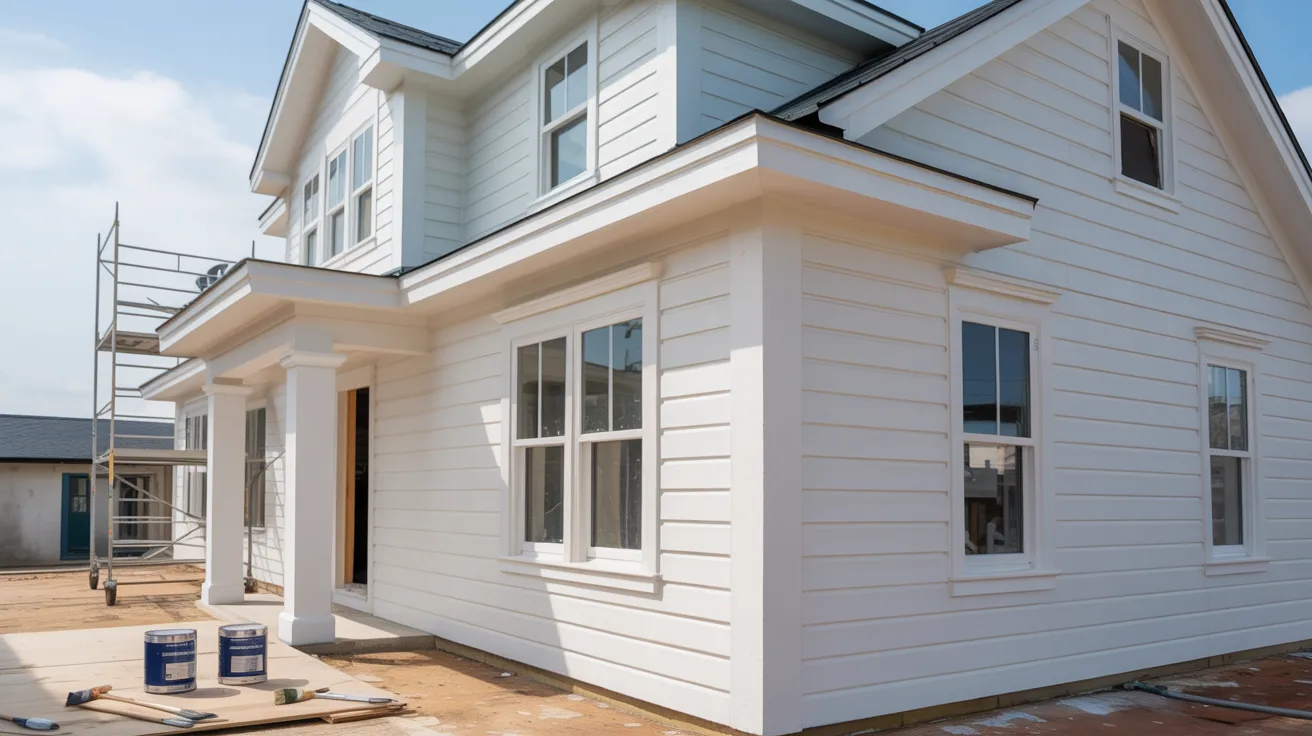 Modern white two-story house exterior under construction with fresh siding, large windows, front porch columns, scaffolding on the side, and paint supplies near the entrance.
