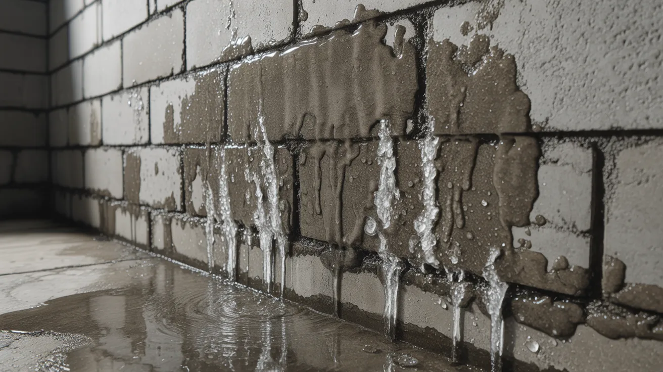 Water seeping through a CMU wall causing moisture and efflorescence problems
