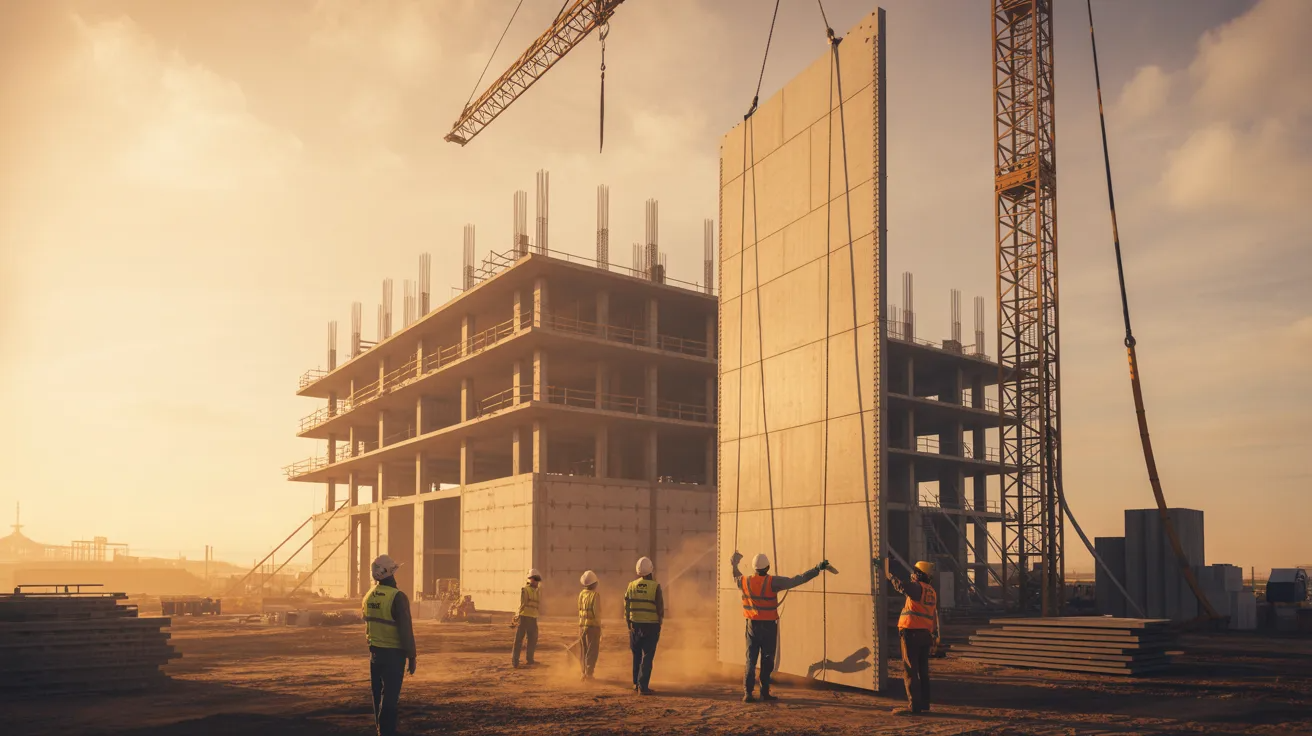 Crane lifting large concrete wall panels during tilt-up construction of a commercial building