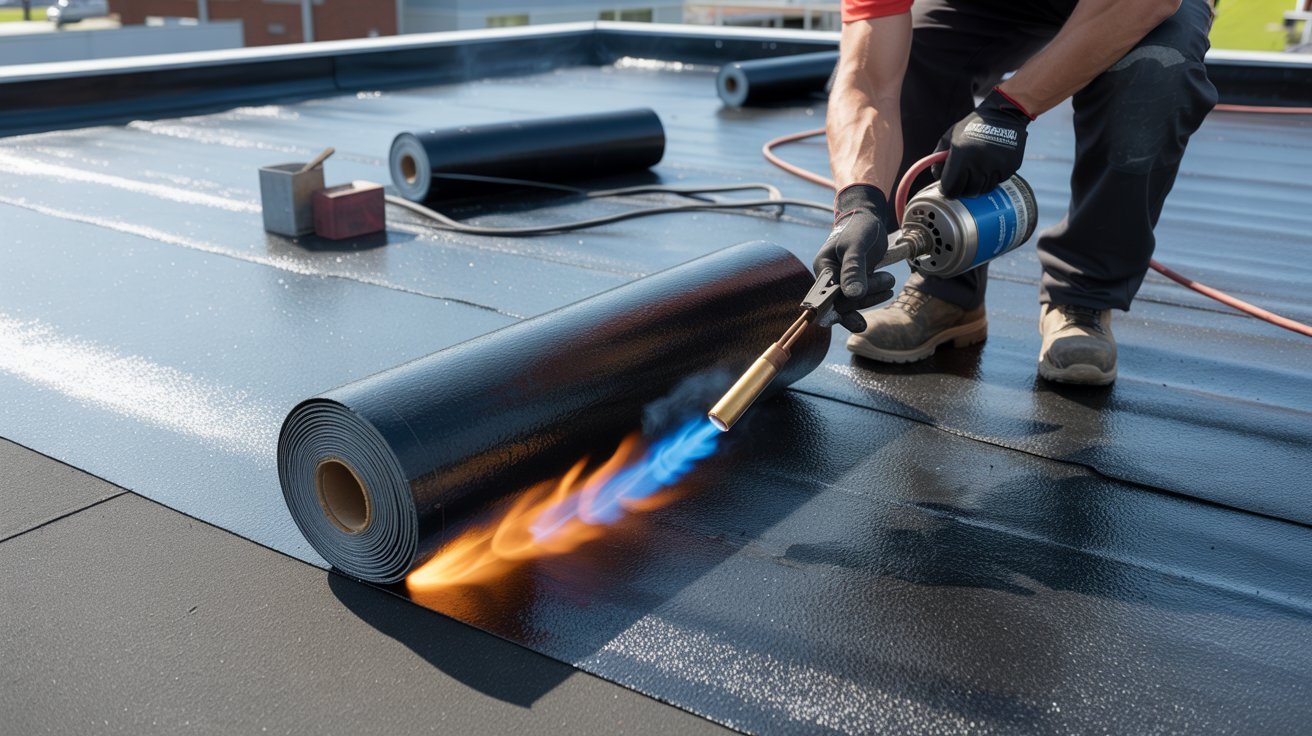 Modified bitumen membrane installation on a flat roof.