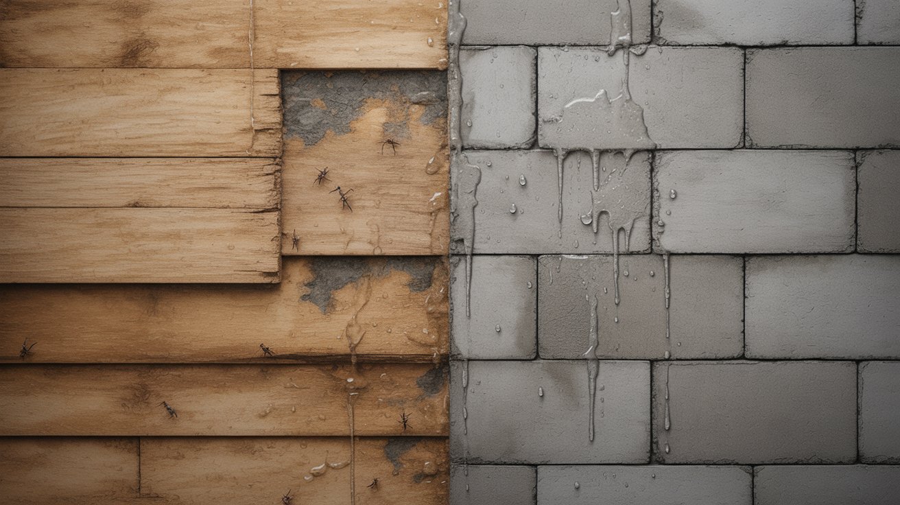 Concrete block wall resisting termites and moisture damage.