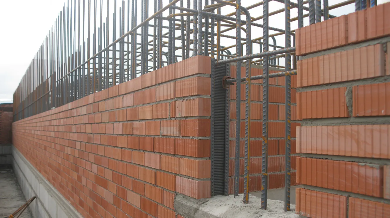 Steel reinforcement bars and expansion joint built into a long brick wall.