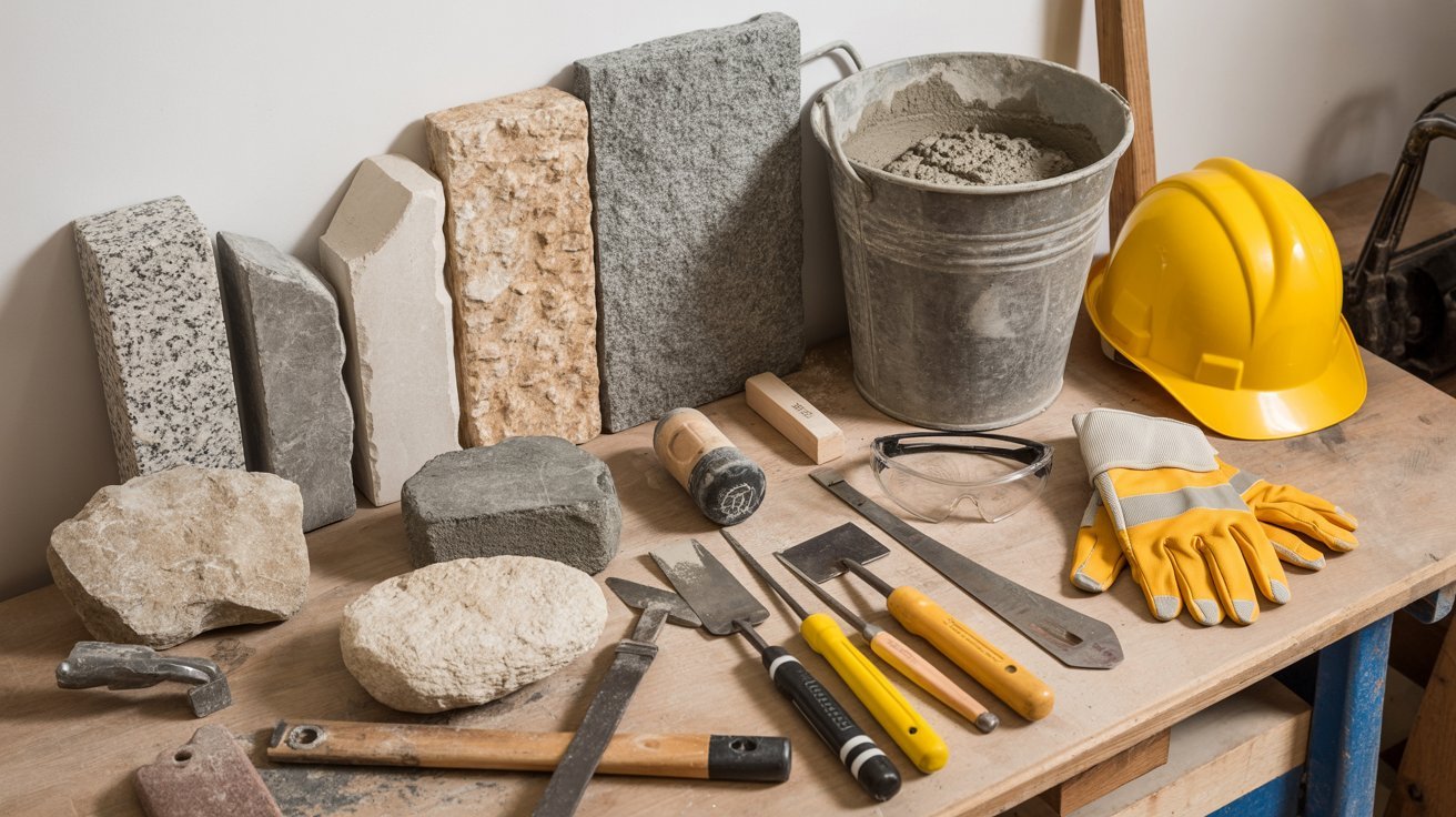 Masonry tools and natural stones for construction.