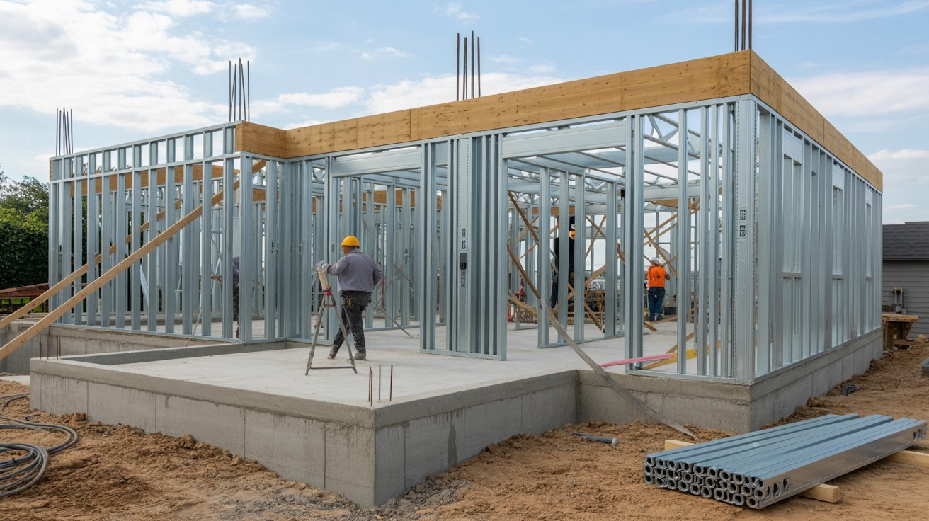Foundation and structural framing work during the early stages of home construction.
