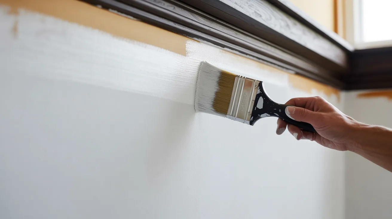Painter cutting in along ceiling edge using a brush during interior new construction painting