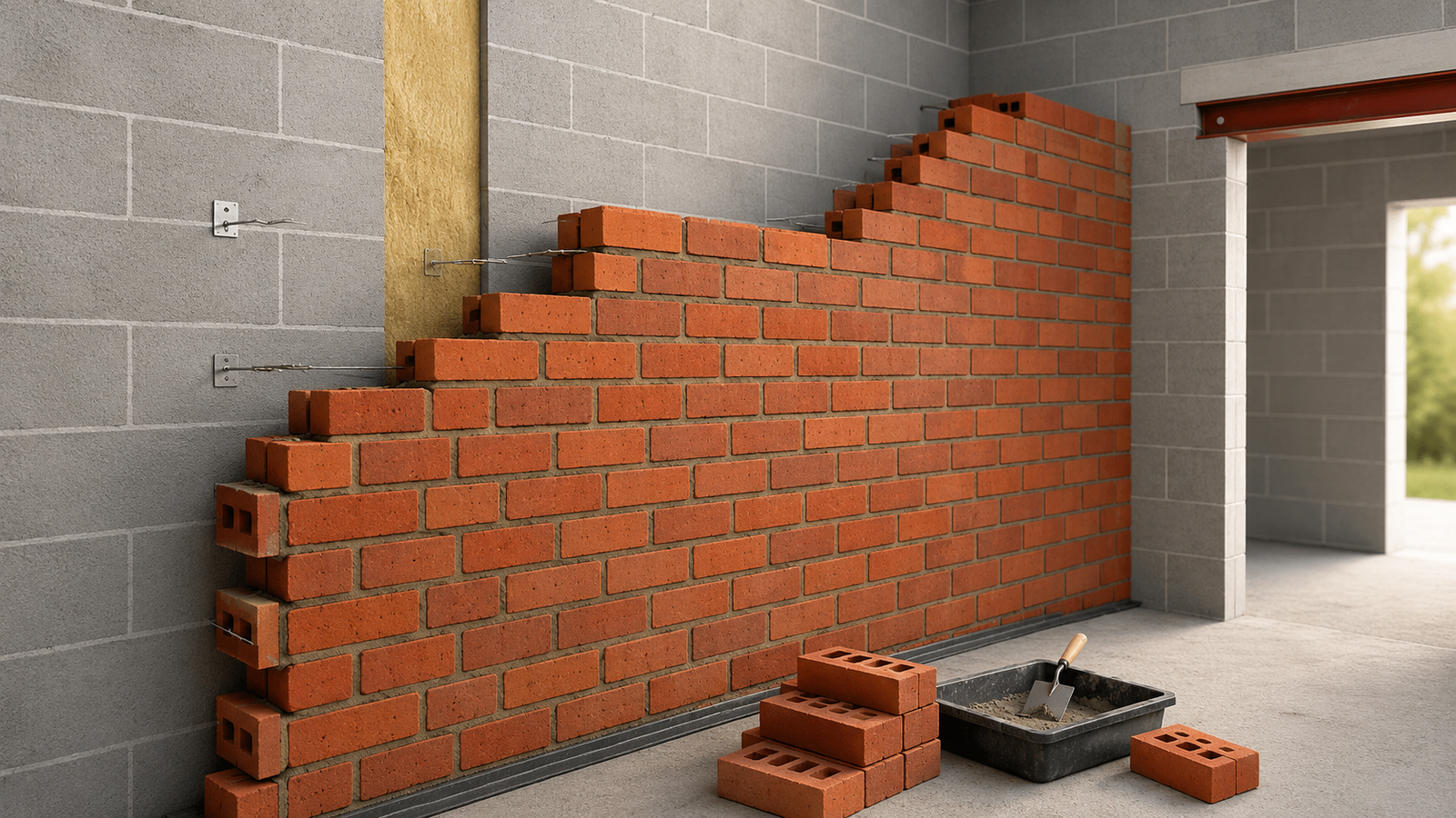 Interior single-leaf brick partition wall being built inside a home.
