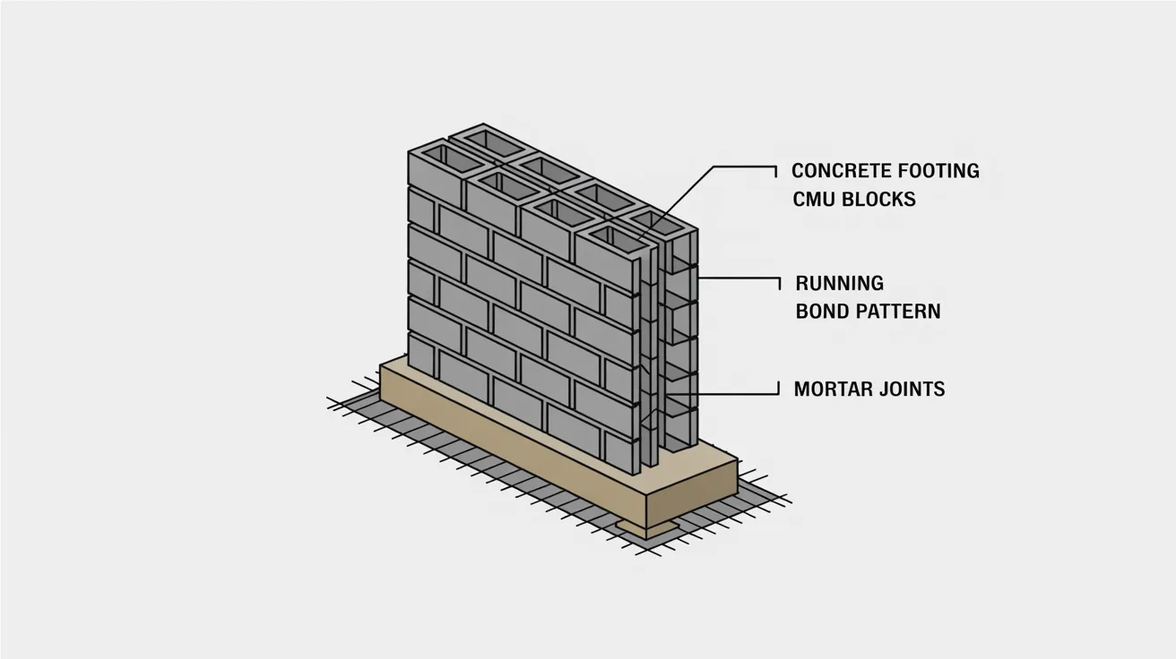 Cross-section diagram showing the basic structure of a CMU wall with footing and block courses