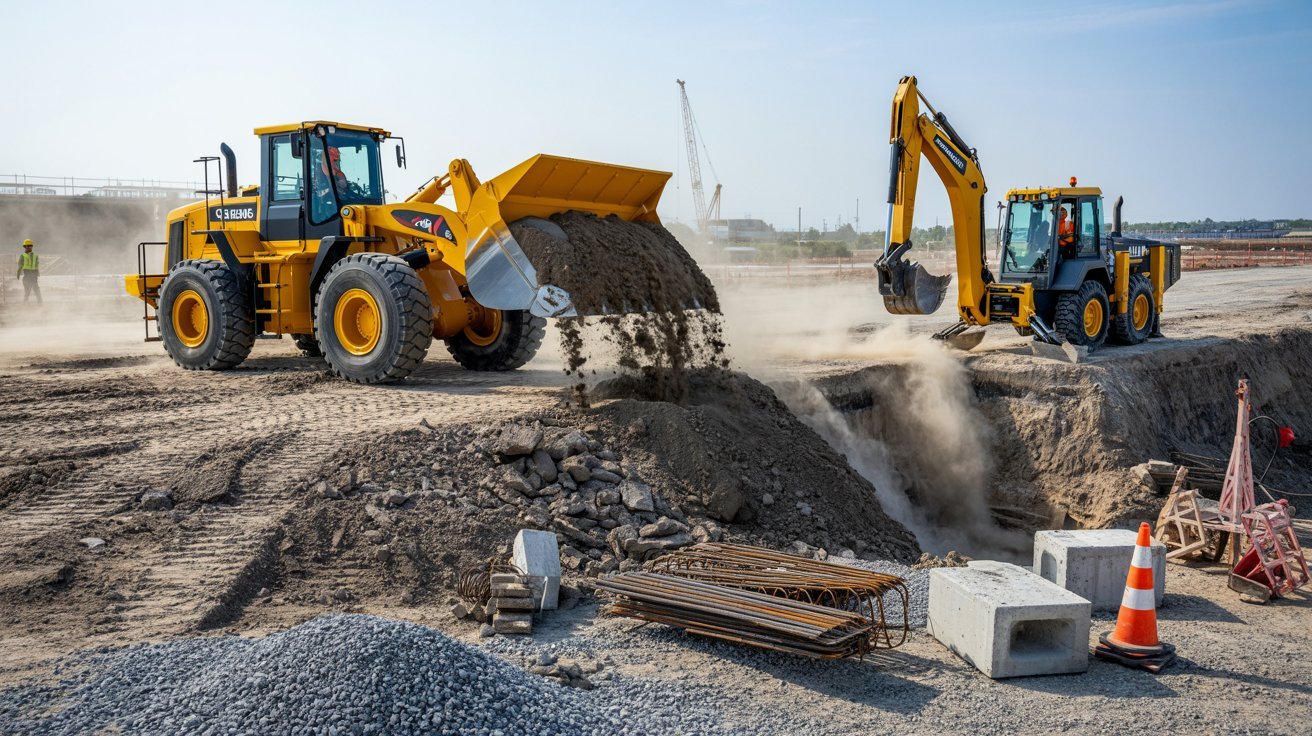 Loader and backhoe moving debris on a construction site.