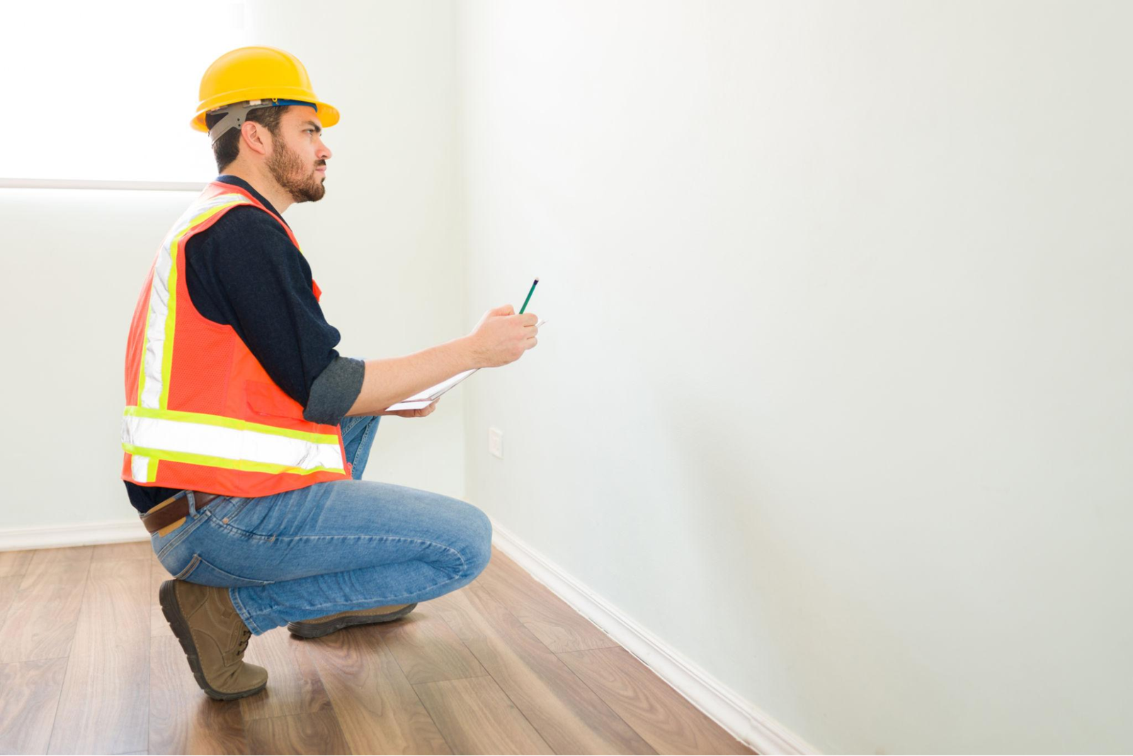 Construction inspector in a safety vest and hard hat examining a freshly painted interior wall in a new home during the final quality inspection.