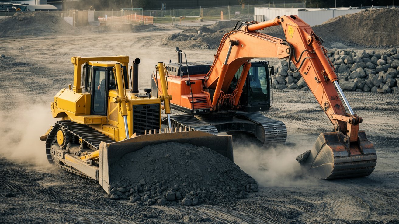 Bulldozer and excavator clearing and leveling land.