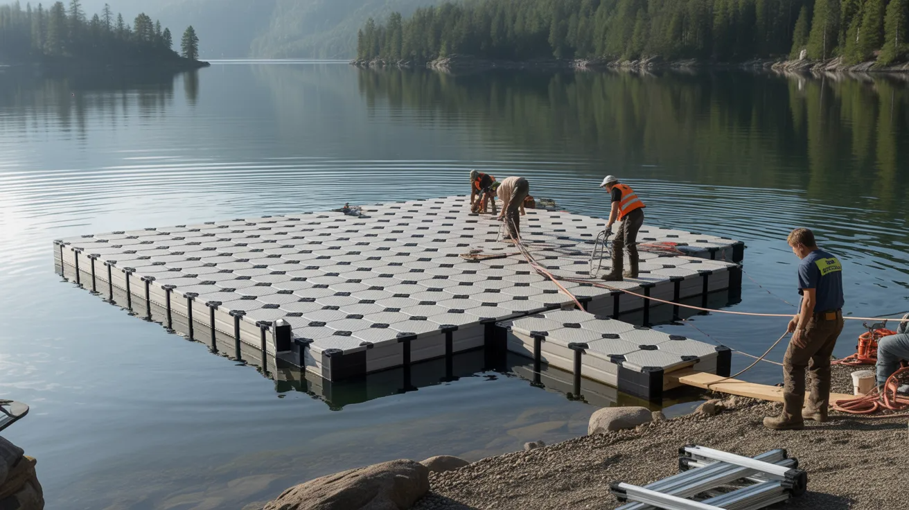 Launching a newly built floating dock into the water