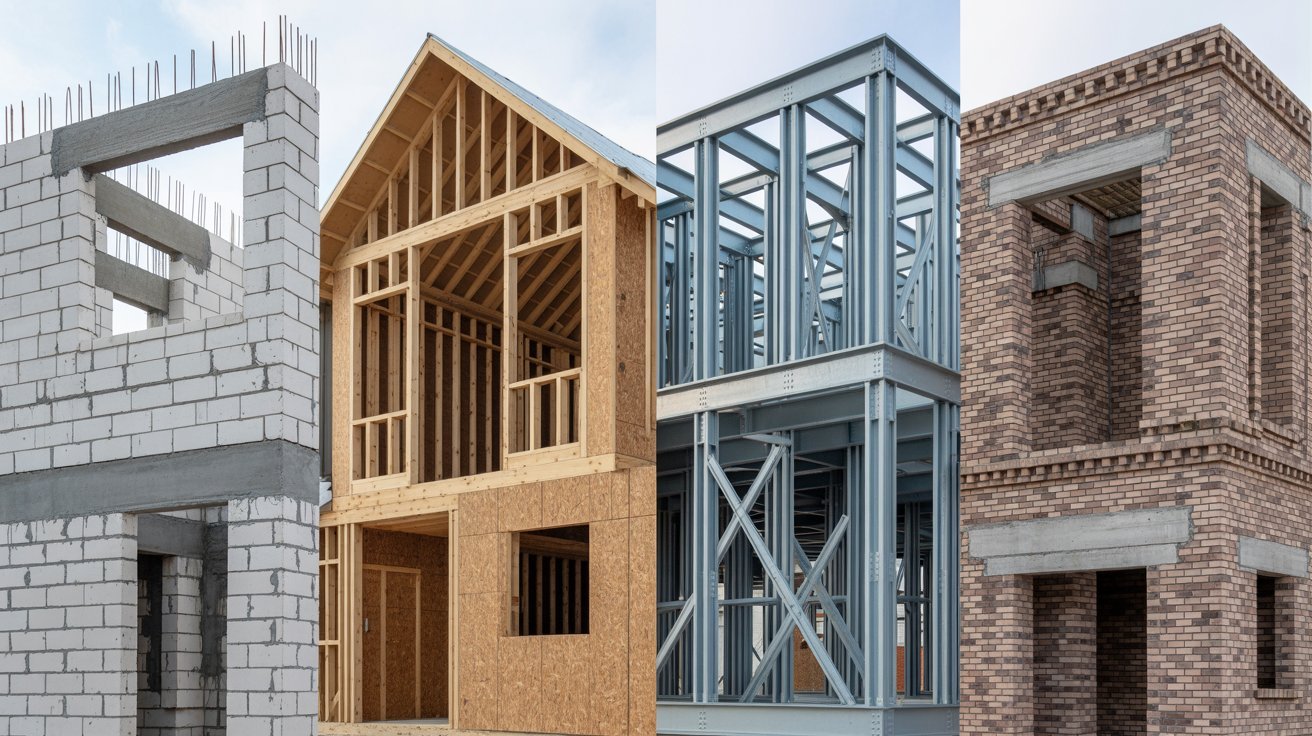 Comparison of CBS, wood frame, steel, and brick masonry construction methods.