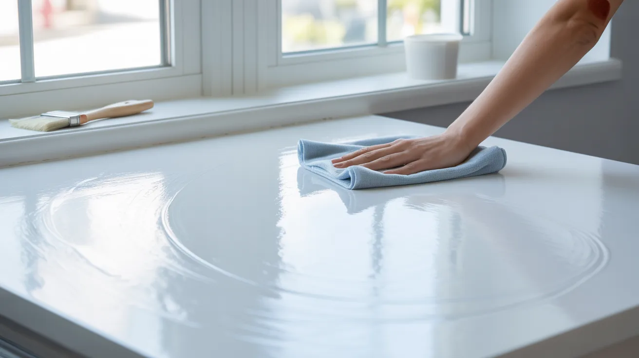 Hand wiping a freshly painted white surface with a cloth near a window with a paint brush on the sill.