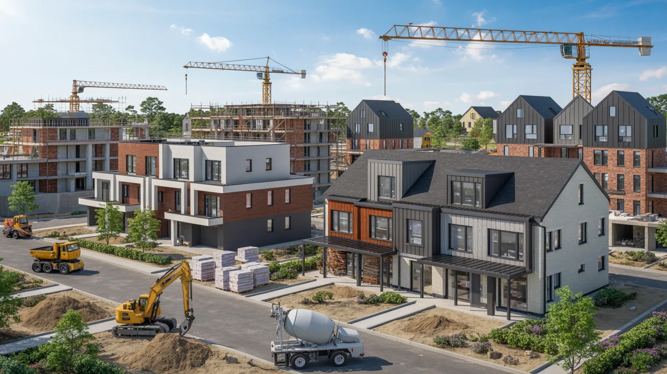 Residential building construction site with workers installing roofing, siding, and windows on newly built homes and apartment buildings in a suburban neighborhood.