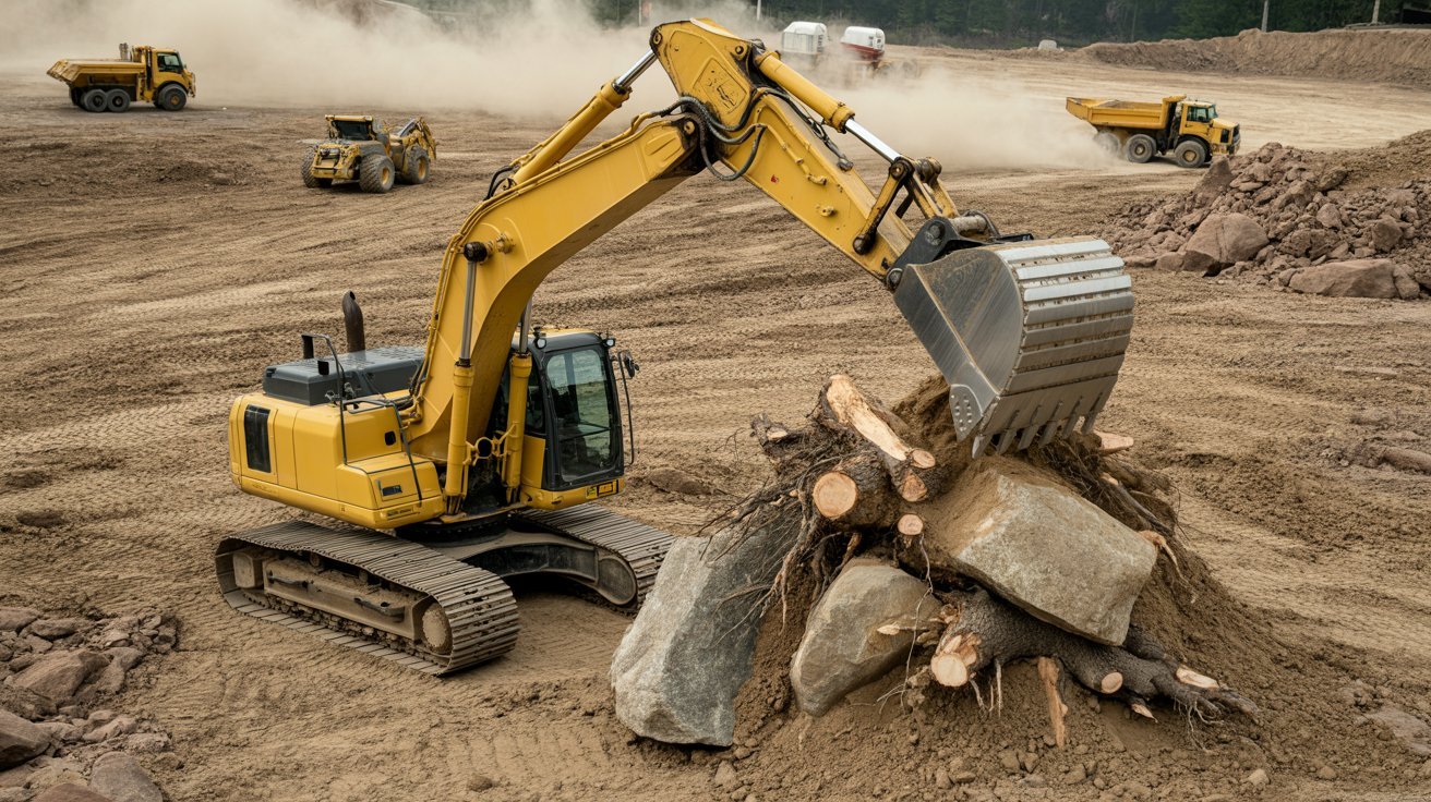 Heavy equipment removing rocks and tree stumps from cleared land.