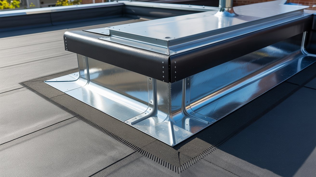 Metal flashing and drainage system installed on a flat roof.