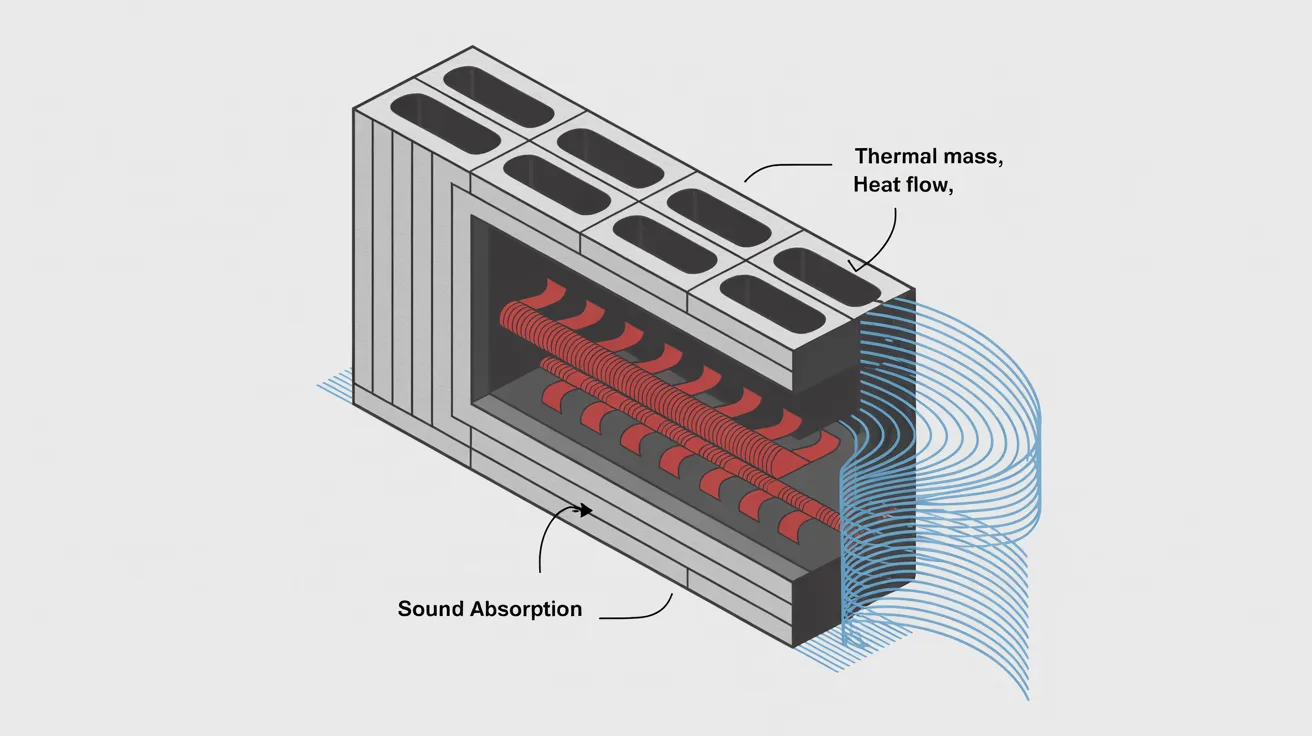 Diagram showing CMU wall thermal mass and sound insulation properties