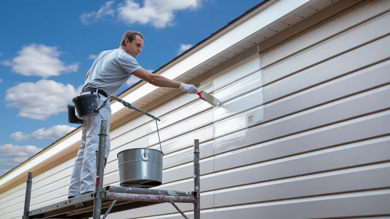 Painter applying exterior paint to new construction house siding on a clear sunny day