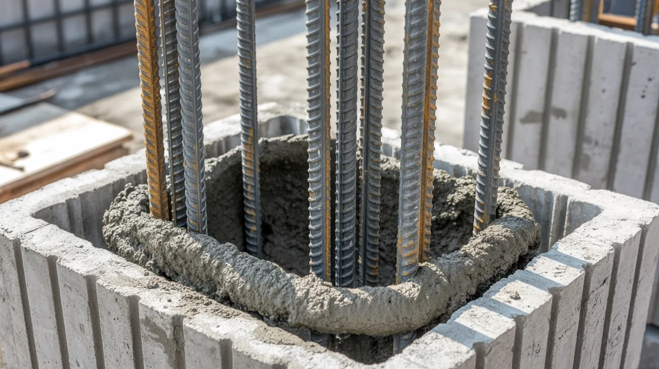 Steel rebar inside hollow CMU block cores with mortar and grout applied