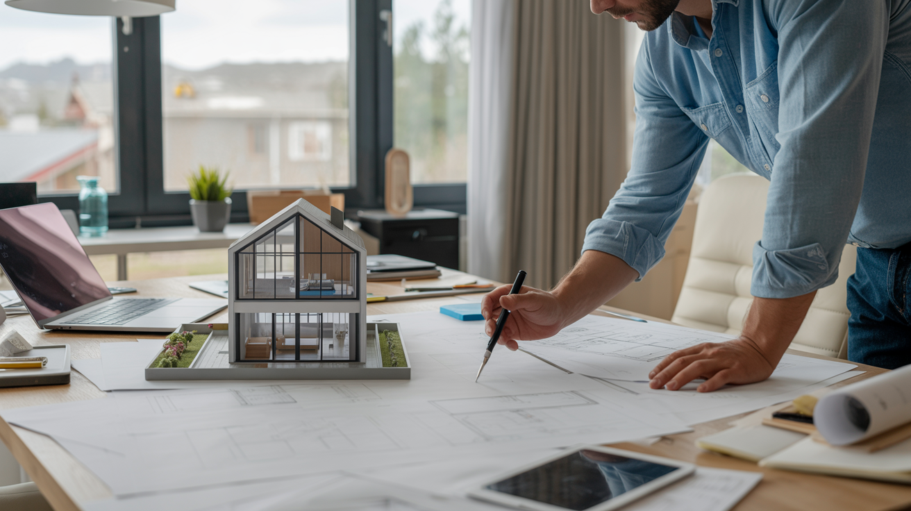 Architect creating a detailed floor plan for a new home construction project.