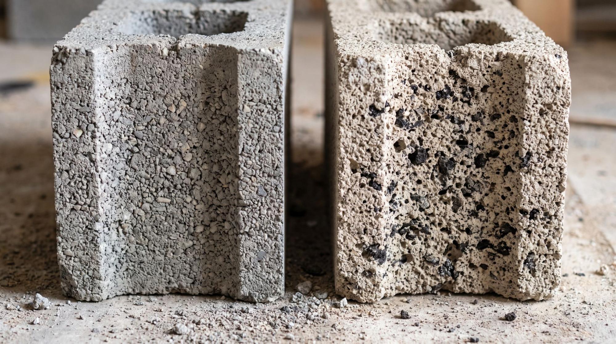 Cinder block and concrete block showing differences in aggregate density and internal porosity.