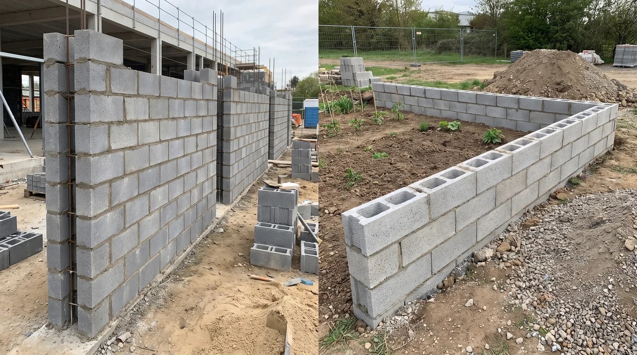 Concrete blocks used in structural masonry beside cinder blocks used for a garden wall.