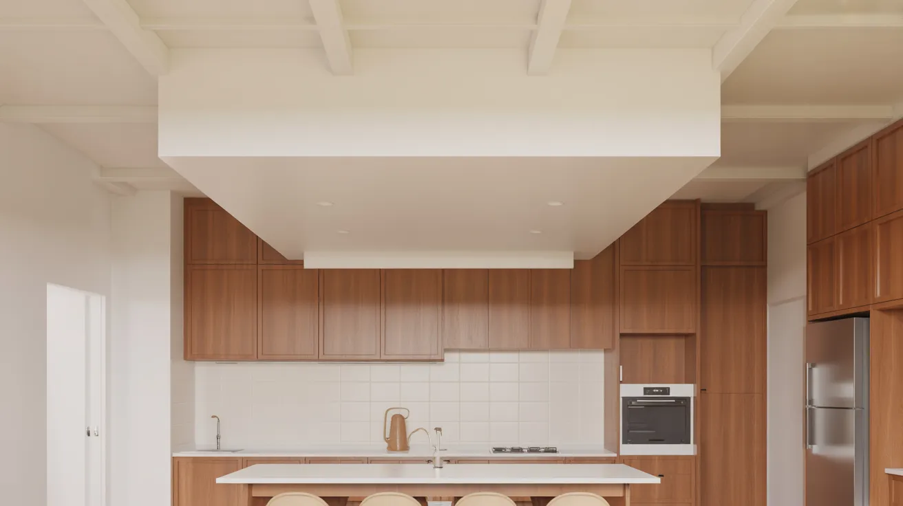A kitchen ceiling bulkhead built above wooden cabinets in a modern home