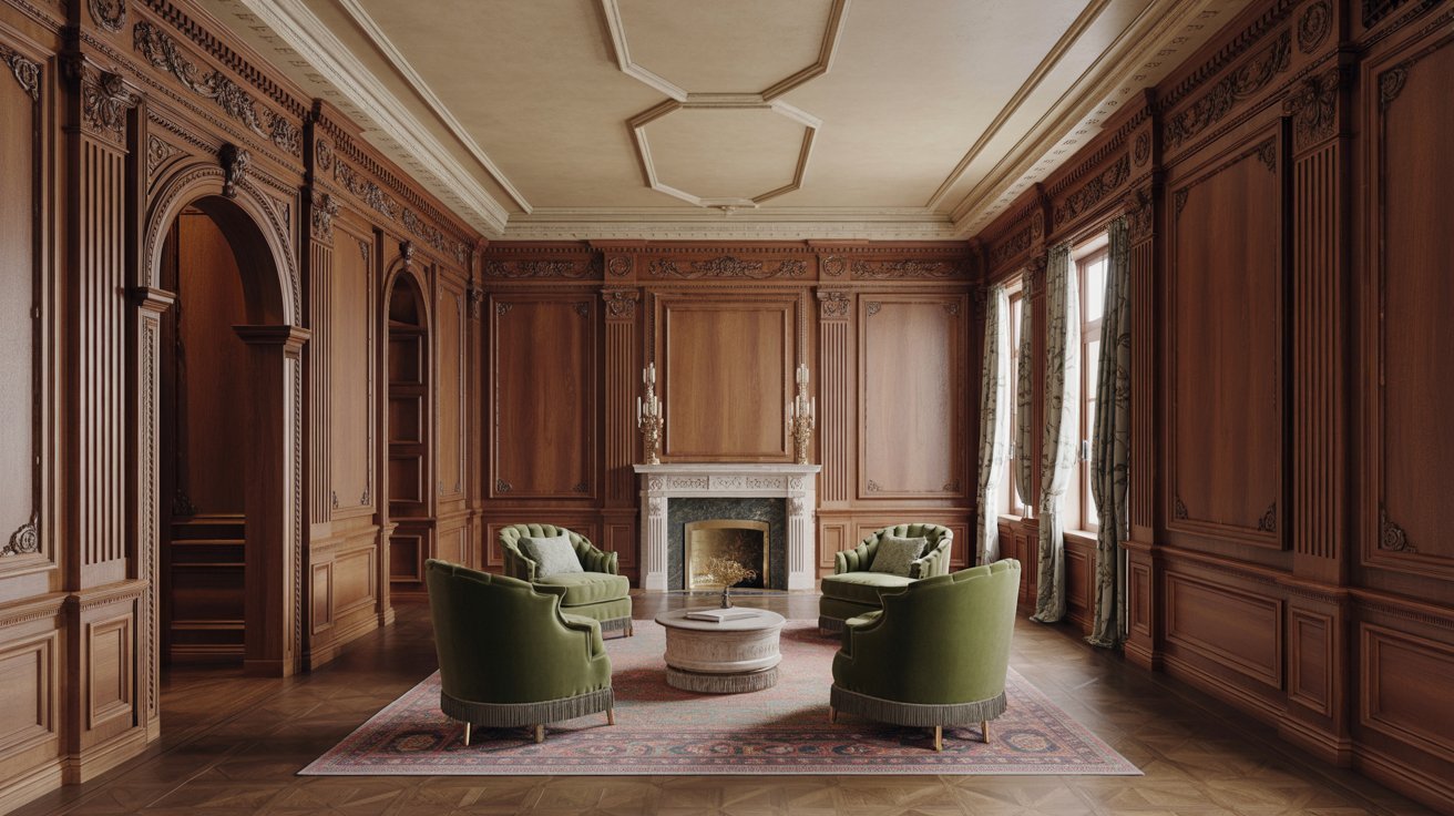 Decorative molding and wall paneling used as interior millwork features.