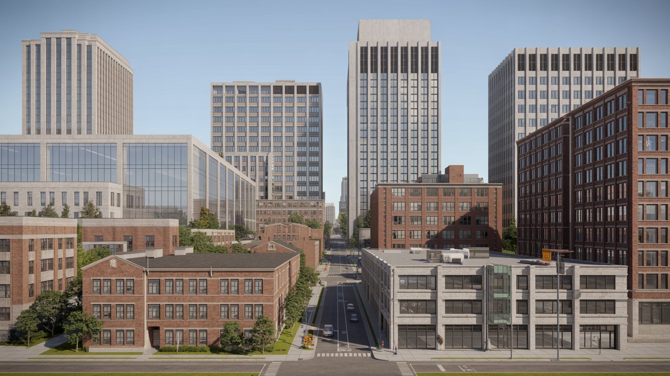 Examples of commercial buildings using different masonry construction methods.