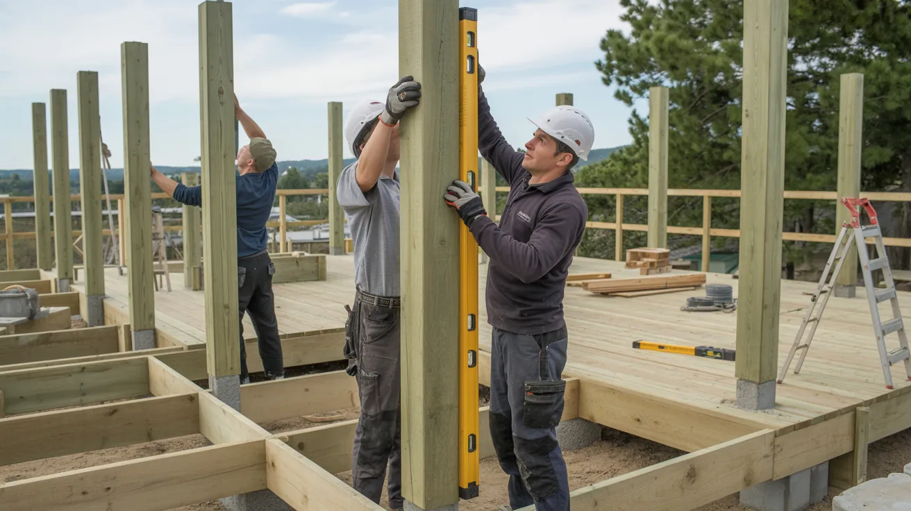 Installing and leveling support posts secured in concrete footings for roof structure.