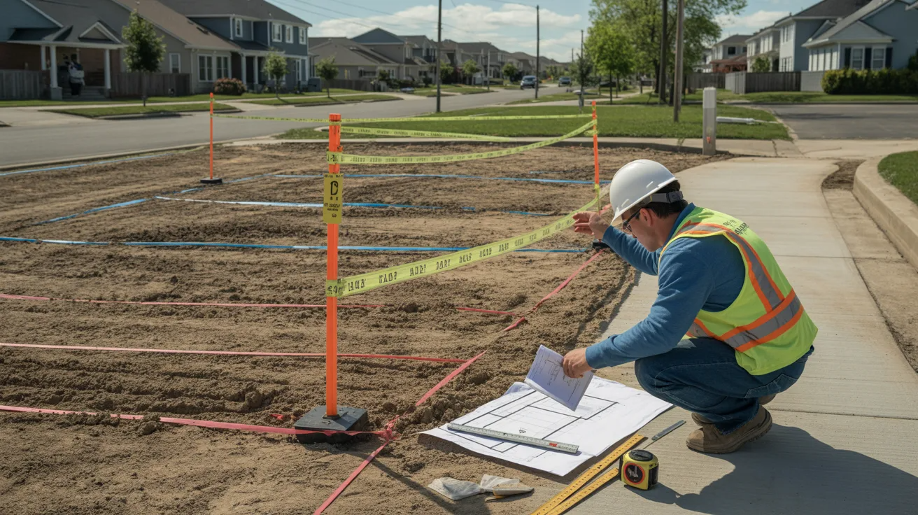 Property boundary markers on a construction site