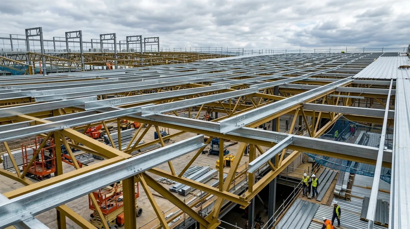 Steel roof framing with C and Z purlins in a commercial building under construction