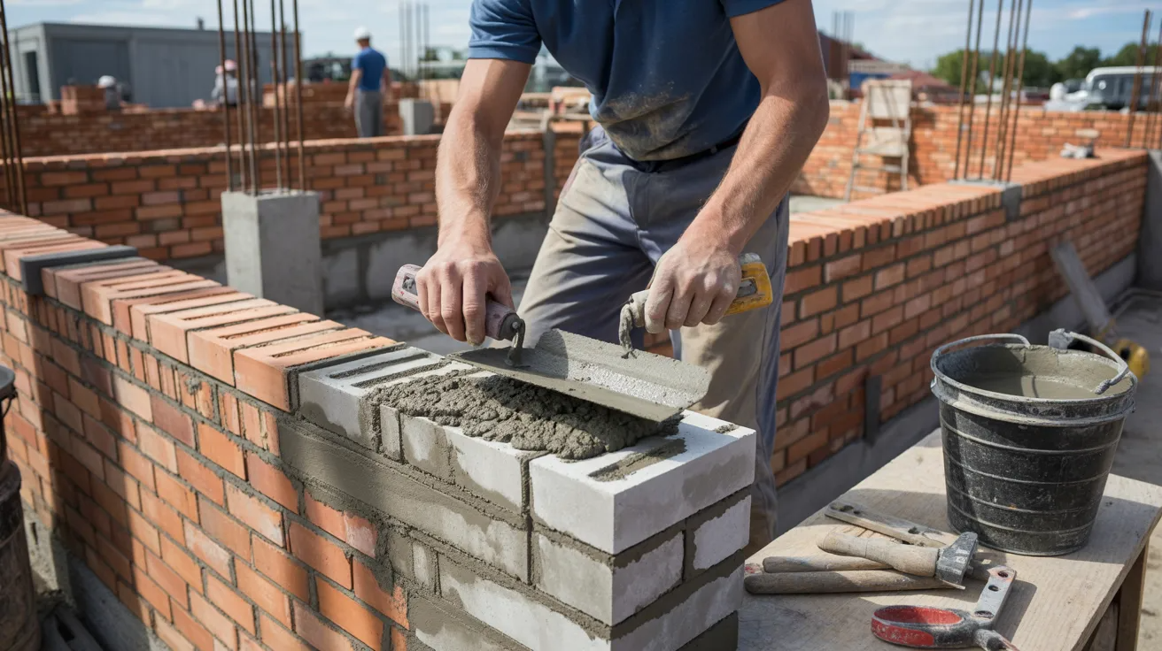 Masonry construction using brick and concrete blocks.